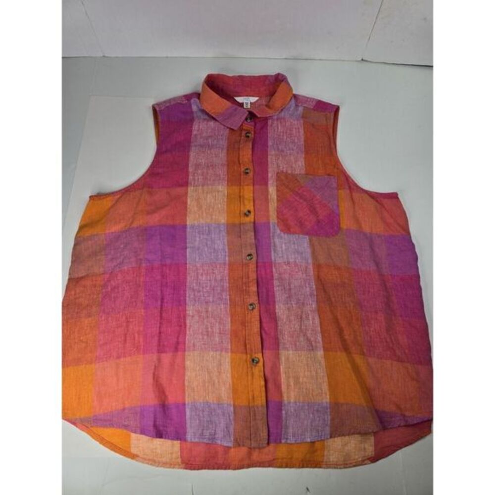 Time‎ and Tru Sleeveless Button-Down Checkered Shirt XXXL (22) Linen Summer